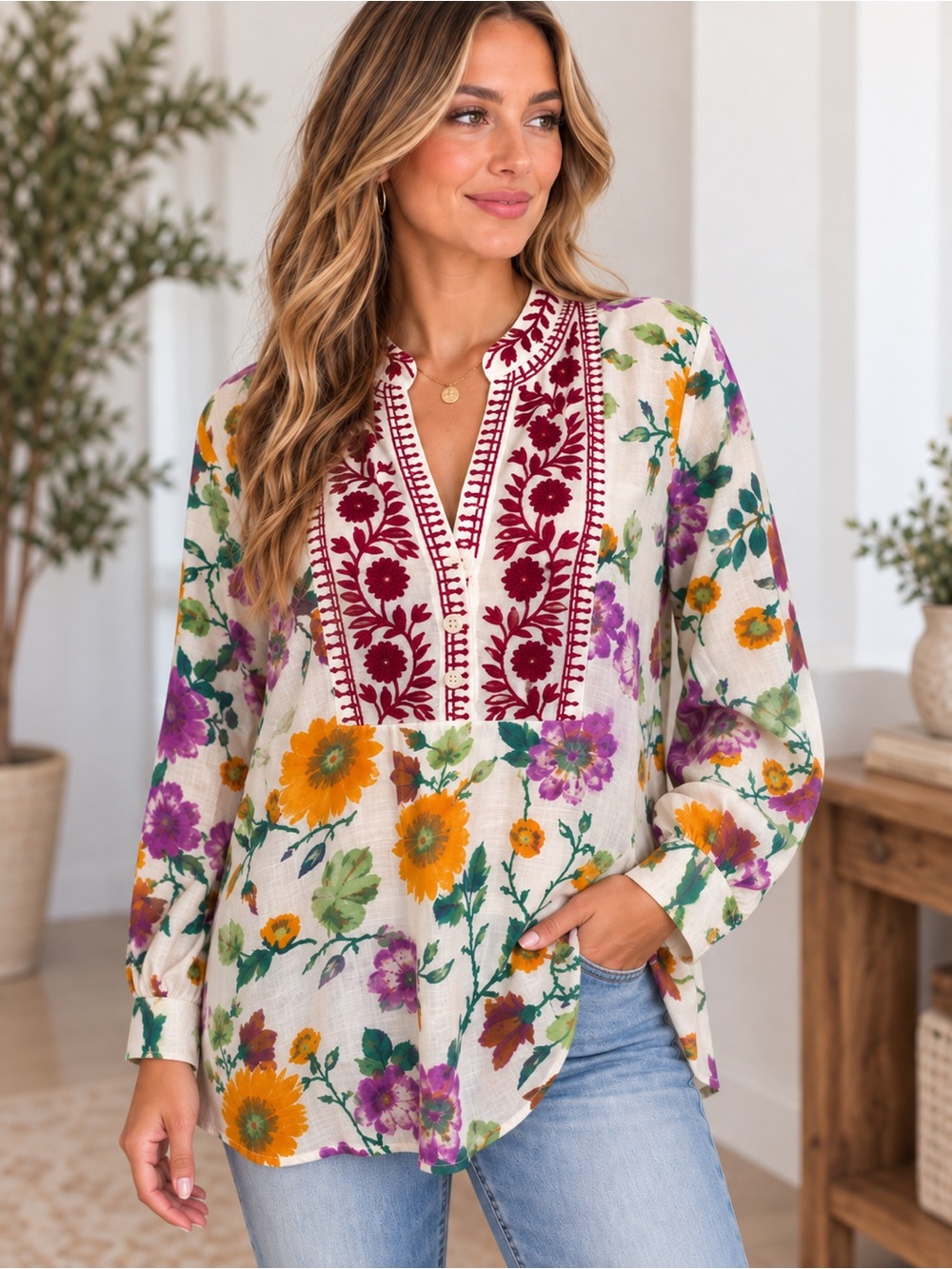 The Nu Vintage Floral Embroidered Henley Tunic Top SZ Large Bohemian Artsy GUC